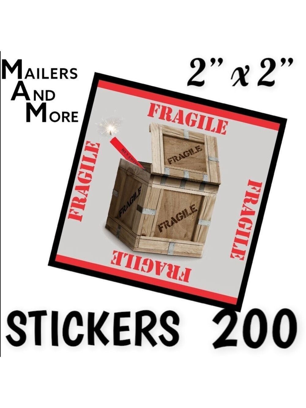 200 (2x2 Inch) Square Stickers, FRAGILE, High Gloss, PRICE IS FIRM